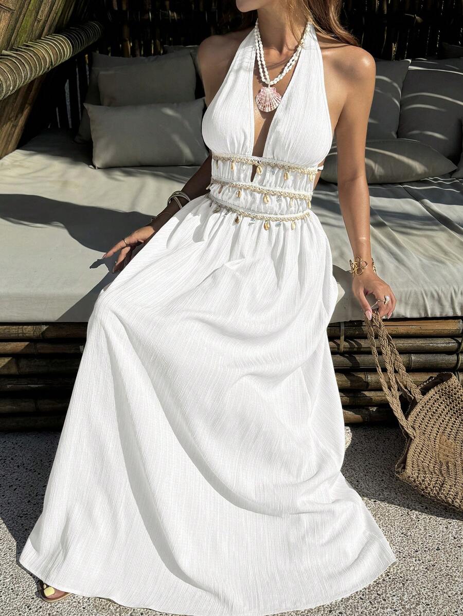 Vestido Saída de Praia Longo Halter Sol da Enseada com Nó e Bainha Plissada — fotografia 14 | Mar & Pérola