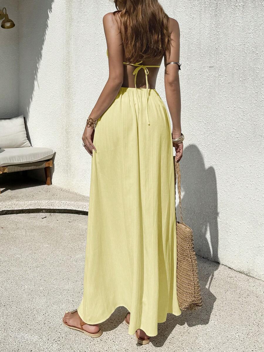 Vestido Saída de Praia Longo Halter Sol da Enseada com Nó e Bainha Plissada — fotografia 16 | Mar & Pérola