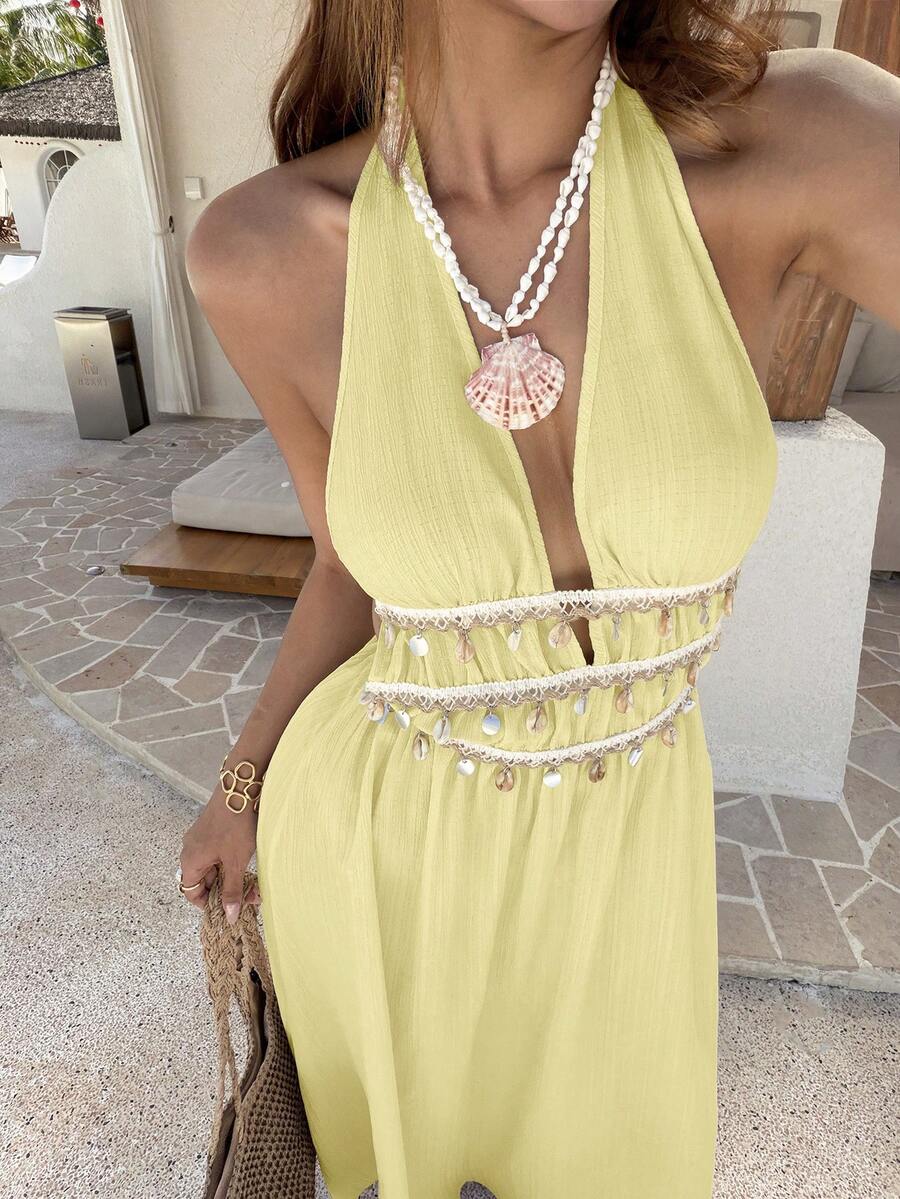 Vestido Saída de Praia Longo Halter Sol da Enseada com Nó e Bainha Plissada — fotografia 17 | Mar & Pérola