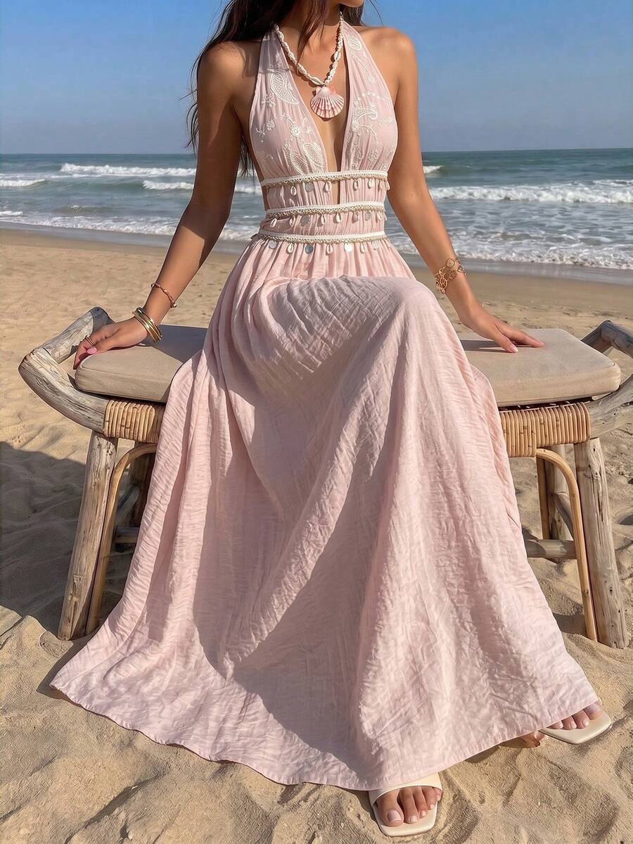 Vestido Saída de Praia Longo Halter Sol da Enseada com Nó e Bainha Plissada — fotografia 32 | Mar & Pérola