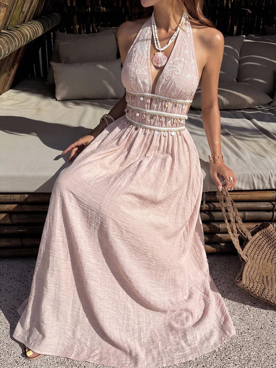 Vestido Saída de Praia Longo Halter Sol da Enseada com Nó e Bainha Plissada — fotografia 35 | Mar & Pérola