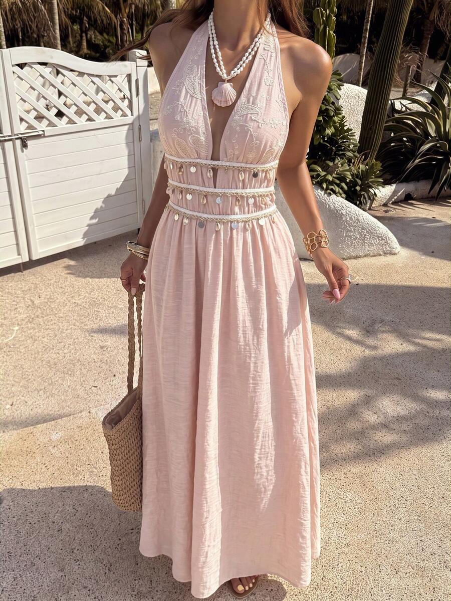 Vestido Saída de Praia Longo Halter Sol da Enseada com Nó e Bainha Plissada — fotografia 36 | Mar & Pérola