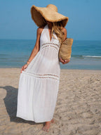 Vestido Saída de Praia Longo Halter Trama Solar em Crochê Vazado — fotografia 5 | Mar & Pérola
