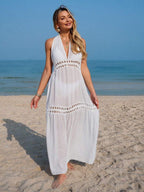 Vestido Saída de Praia Longo Halter Trama Solar em Crochê Vazado — fotografia 7 | Mar & Pérola