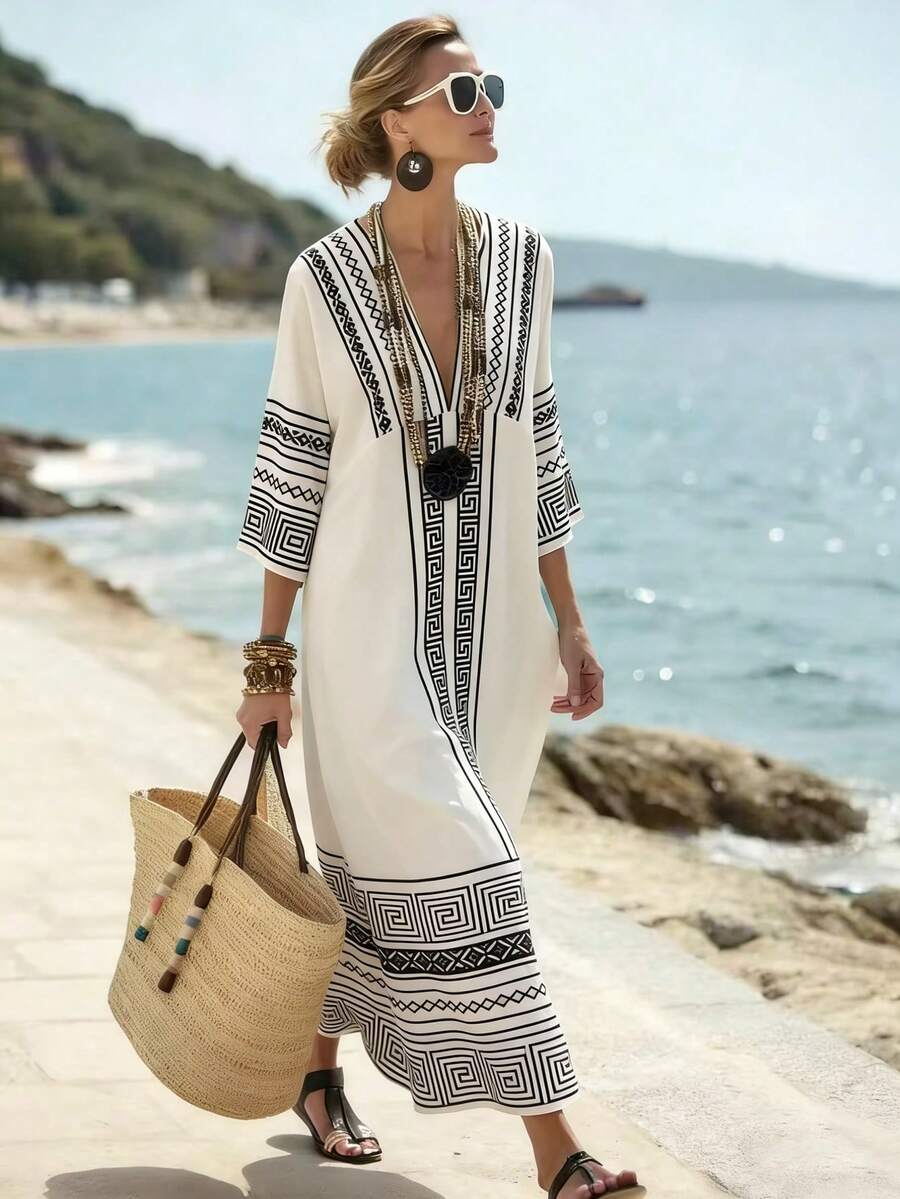 Vestido Saída de Praia Longo Kaftan Linhas da Maré com Estampa Geométrica — fotografia 1 | Mar & Pérola