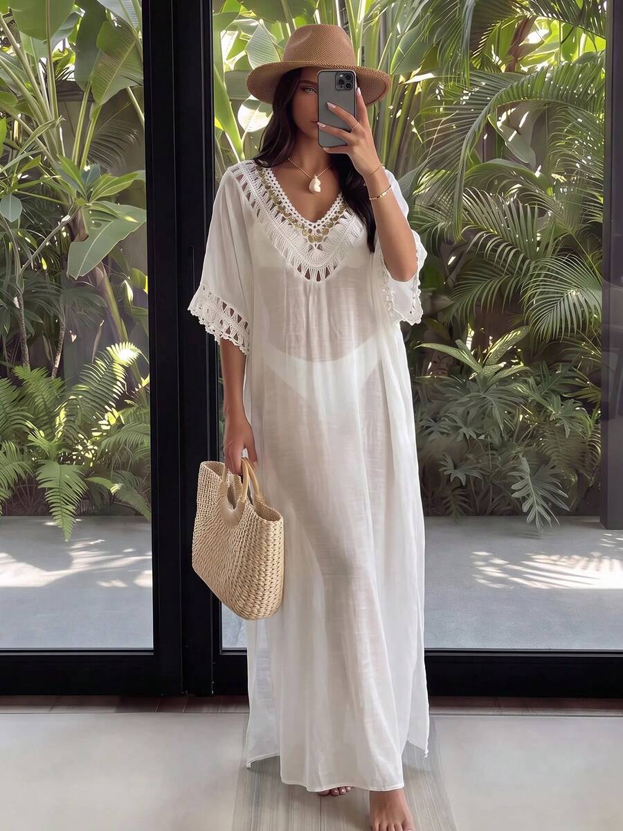Vestido Saída de Praia Longo Sol da Enseada com Franjas e Babado na Barra — fotografia 1 | Mar & Pérola