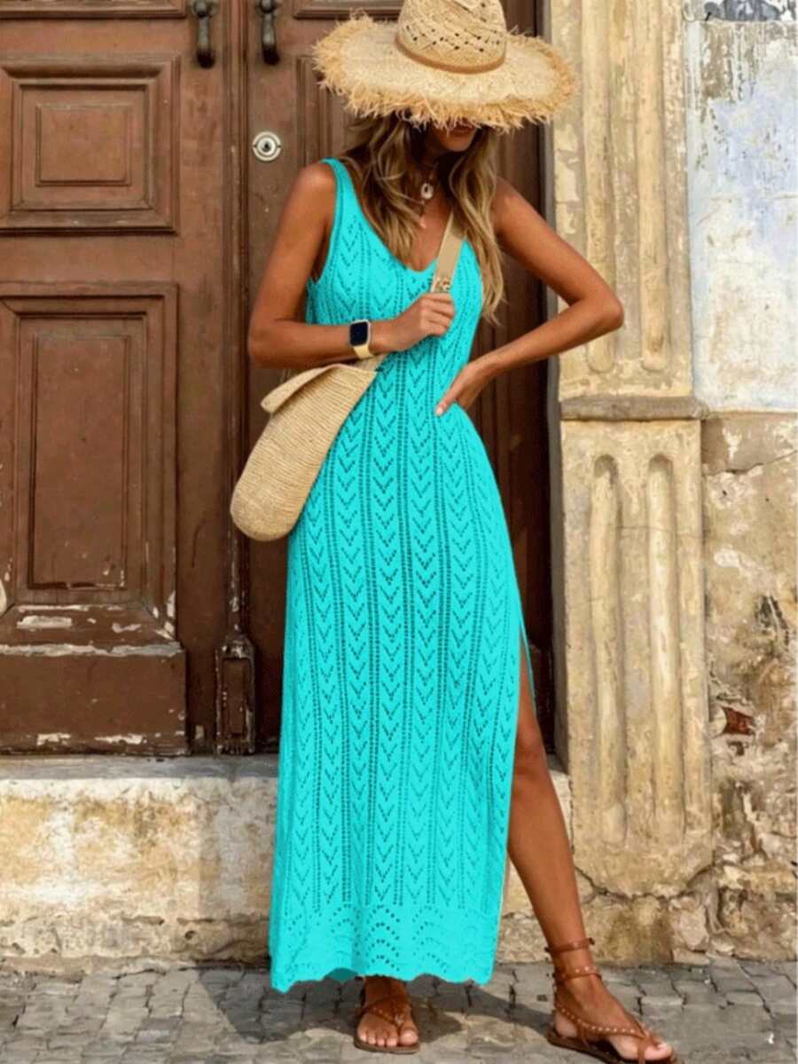 Vestido Saída de Praia Longo Sol da Enseada em Malha Vazada com Fenda Lateral — fotografia 12 | Mar & Pérola