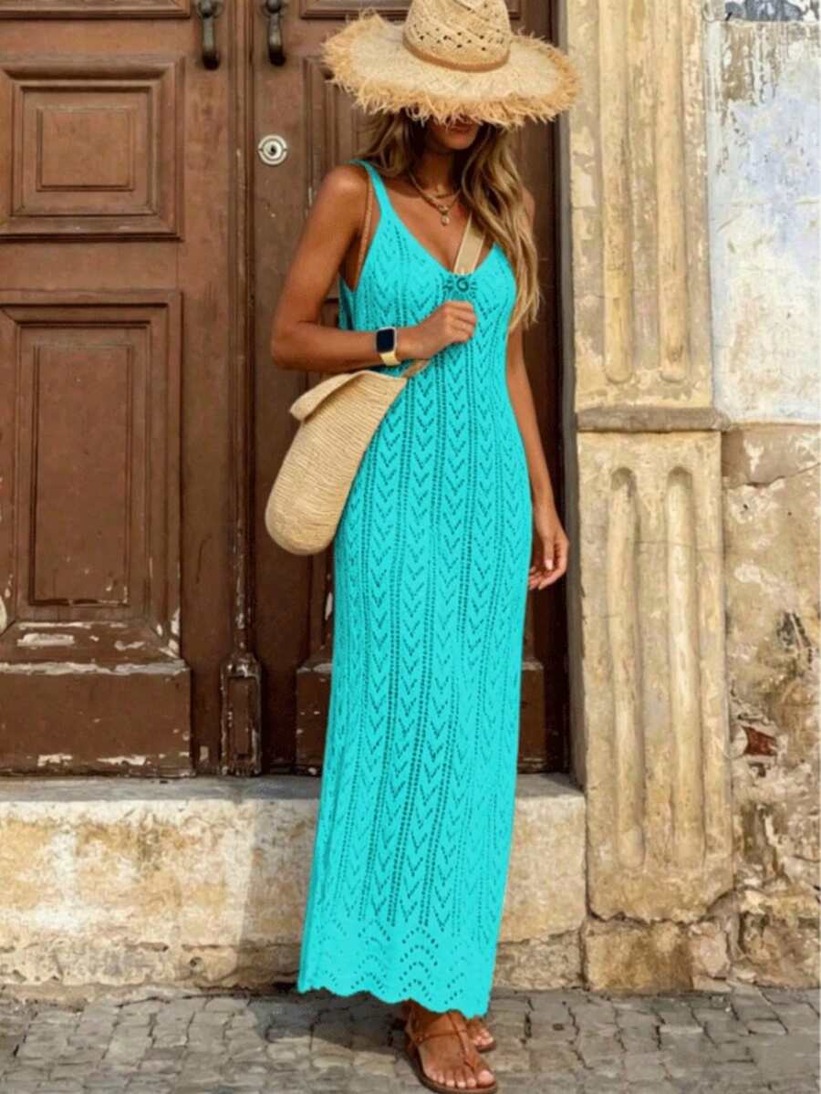Vestido Saída de Praia Longo Sol da Enseada em Malha Vazada com Fenda Lateral — fotografia 13 | Mar & Pérola