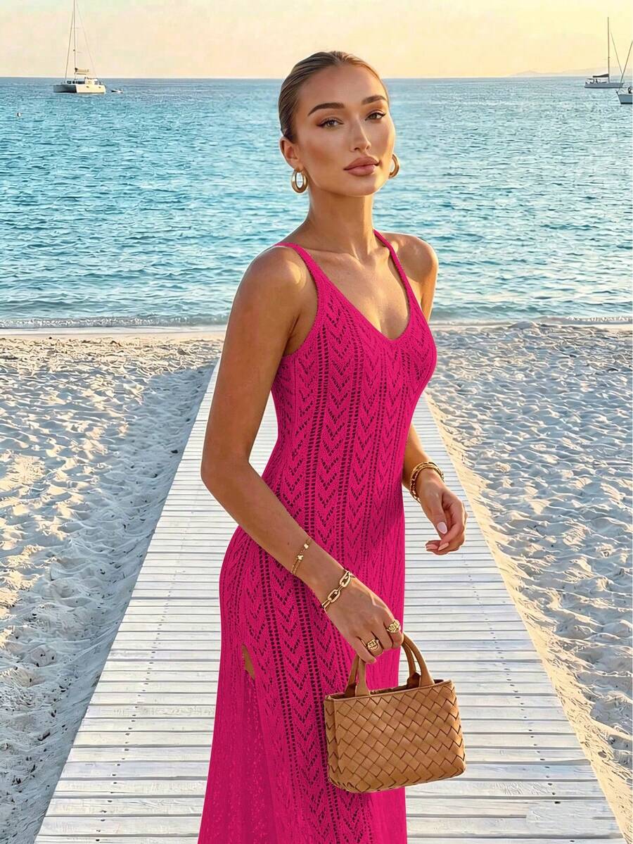 Vestido Saída de Praia Longo Sol da Enseada em Malha Vazada com Fenda Lateral — fotografia 15 | Mar & Pérola