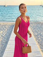 Vestido Saída de Praia Longo Sol da Enseada em Malha Vazada com Fenda Lateral — fotografia 15 | Mar & Pérola