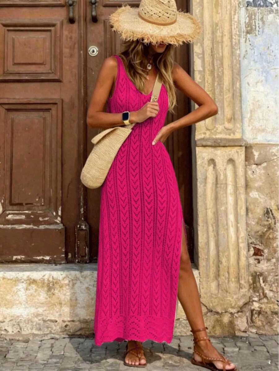 Vestido Saída de Praia Longo Sol da Enseada em Malha Vazada com Fenda Lateral — fotografia 17 | Mar & Pérola