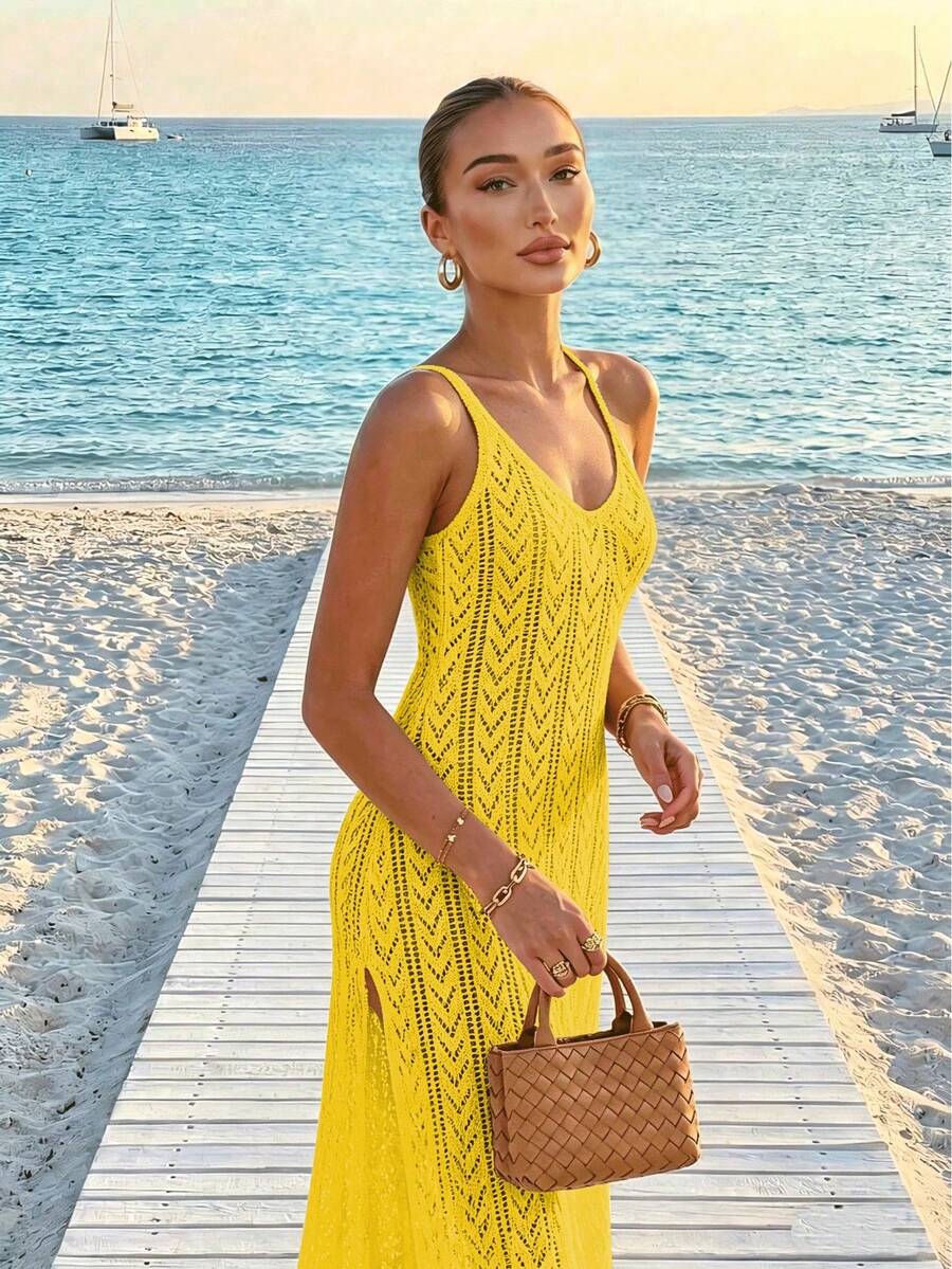 Vestido Saída de Praia Longo Sol da Enseada em Malha Vazada com Fenda Lateral — fotografia 19 | Mar & Pérola