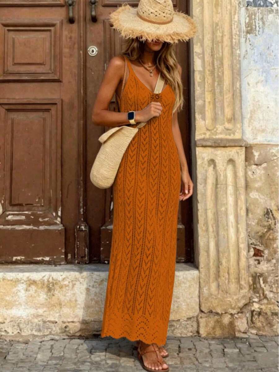Vestido Saída de Praia Longo Sol da Enseada em Malha Vazada com Fenda Lateral — fotografia 31 | Mar & Pérola