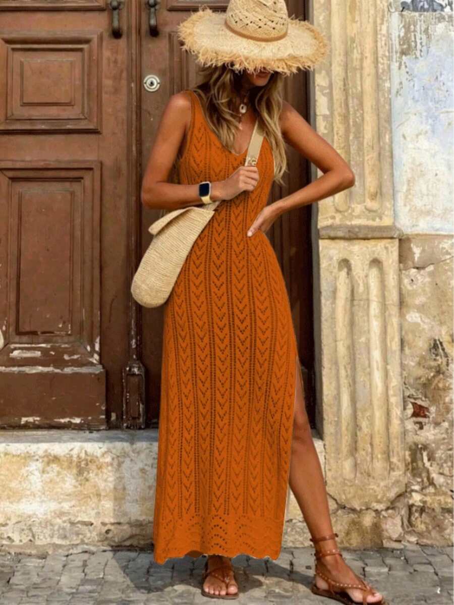 Vestido Saída de Praia Longo Sol da Enseada em Malha Vazada com Fenda Lateral — fotografia 33 | Mar & Pérola