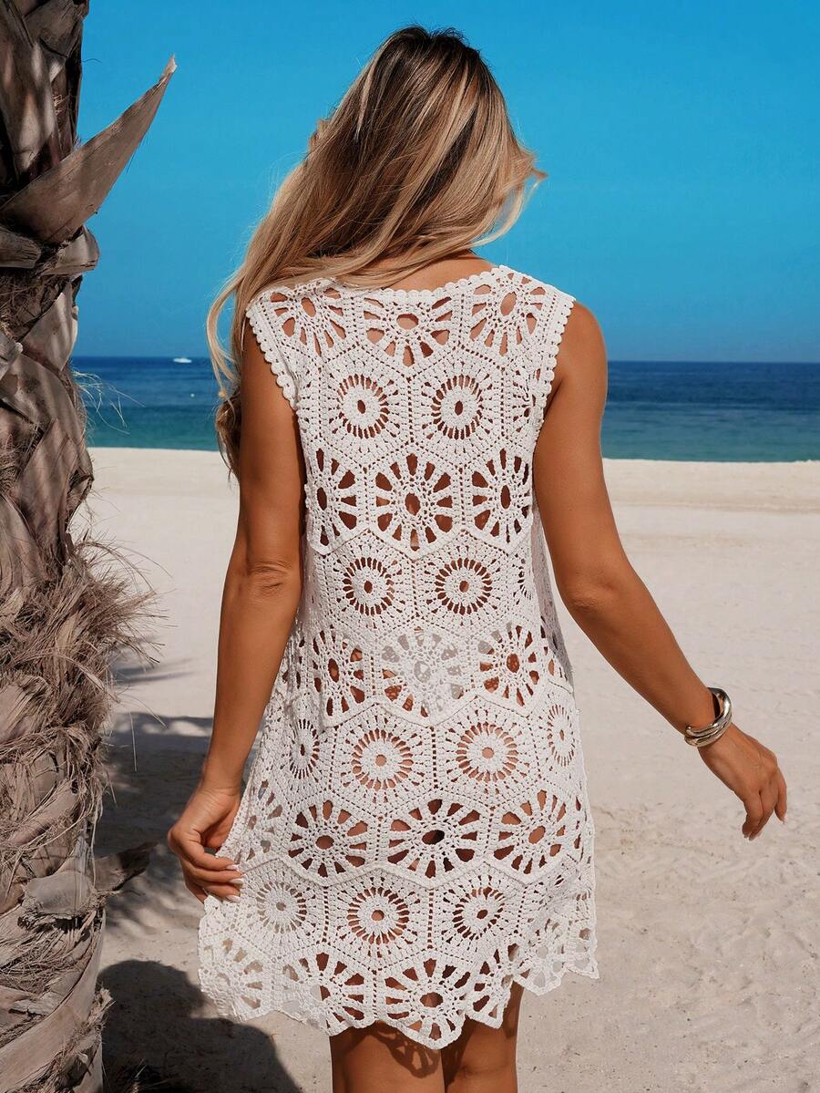 Vestido Saída de Praia Longo Trama da Enseada em Crochê com Gola Redonda — fotografia 5 | Mar & Pérola