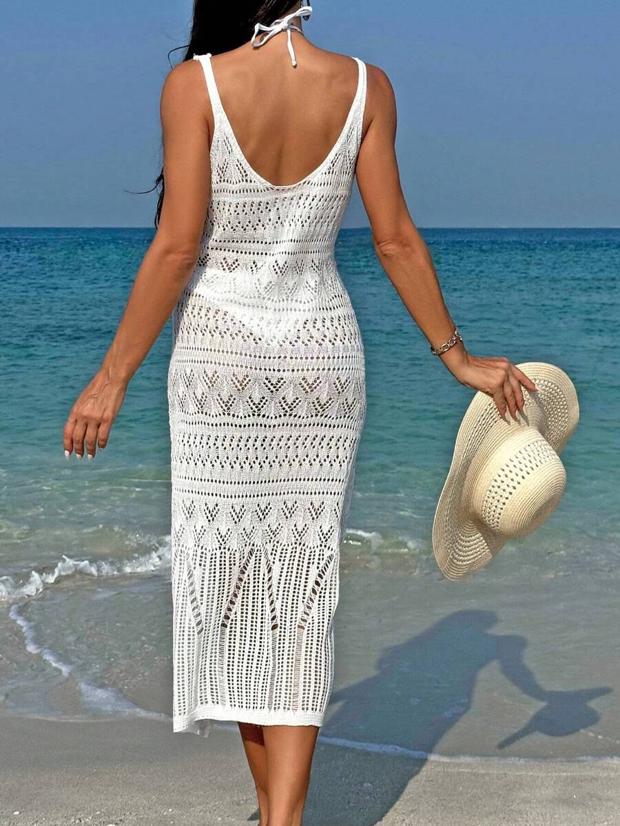 Vestido Saída de Praia Longo Transpassado Brisa de Verão em Tricô Vazado — fotografia 3 | Mar & Pérola