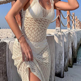 Vestido Saída de Praia Longo Transpassado Brisa de Verão em Tricô Vazado