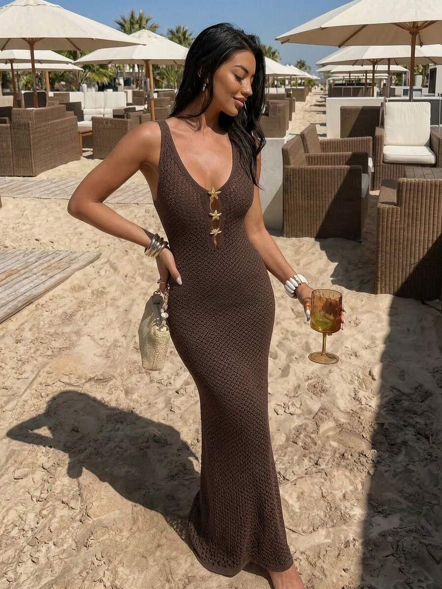Vestido Saída de Praia Maxi Brisa de Verão em Malha Waffle com Decote U — fotografia 9 | Mar & Pérola