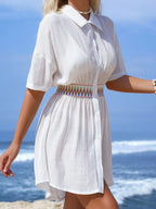 Vestido Saída de Praia Midi Maré de Verão com Botões e Cintura Franzida — fotografia 5 | Mar & Pérola
