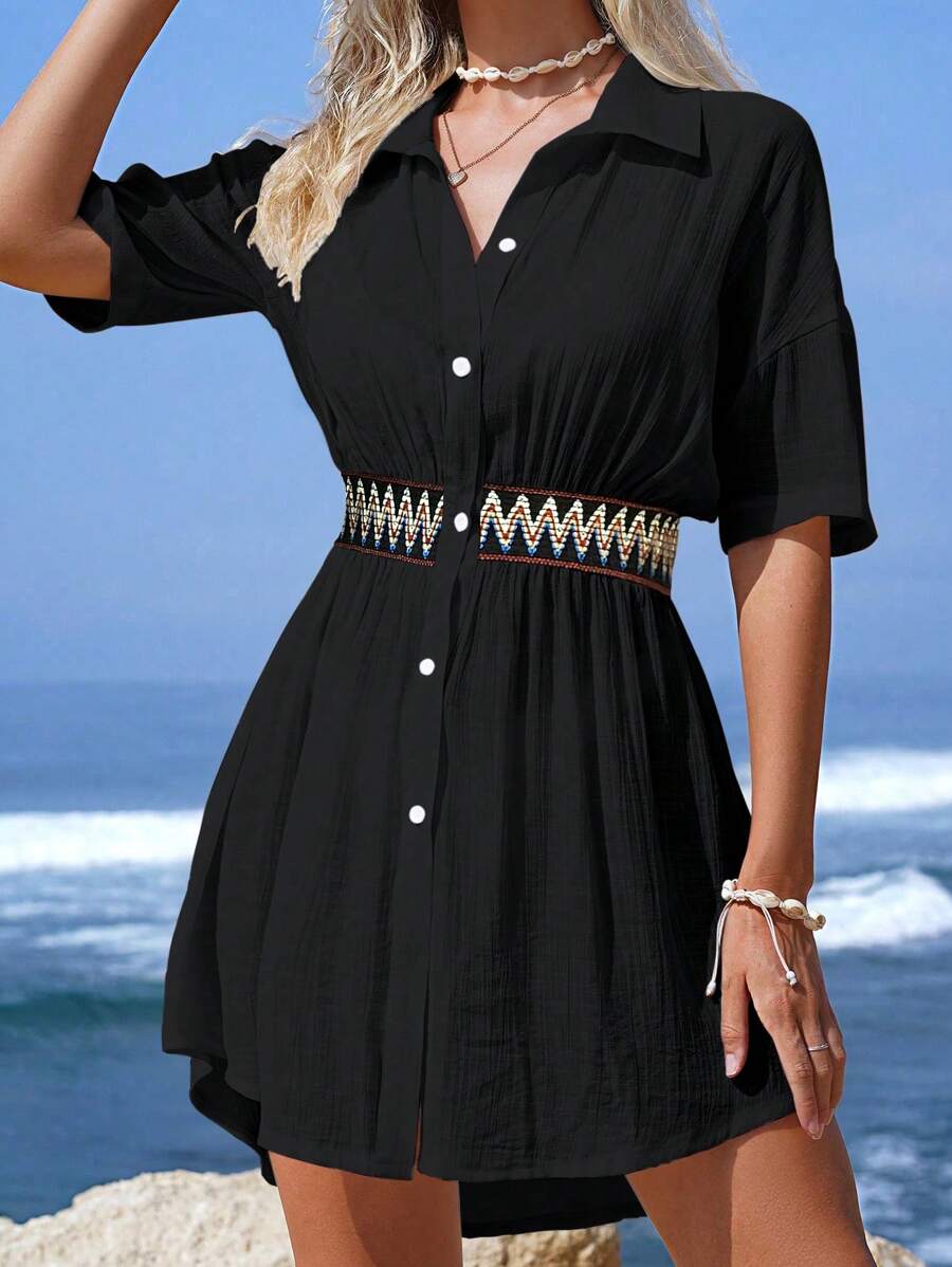 Vestido Saída de Praia Midi Maré de Verão com Botões e Cintura Franzida — fotografia 7 | Mar & Pérola