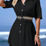 Vestido Saída de Praia Midi Maré de Verão com Botões e Cintura Franzida