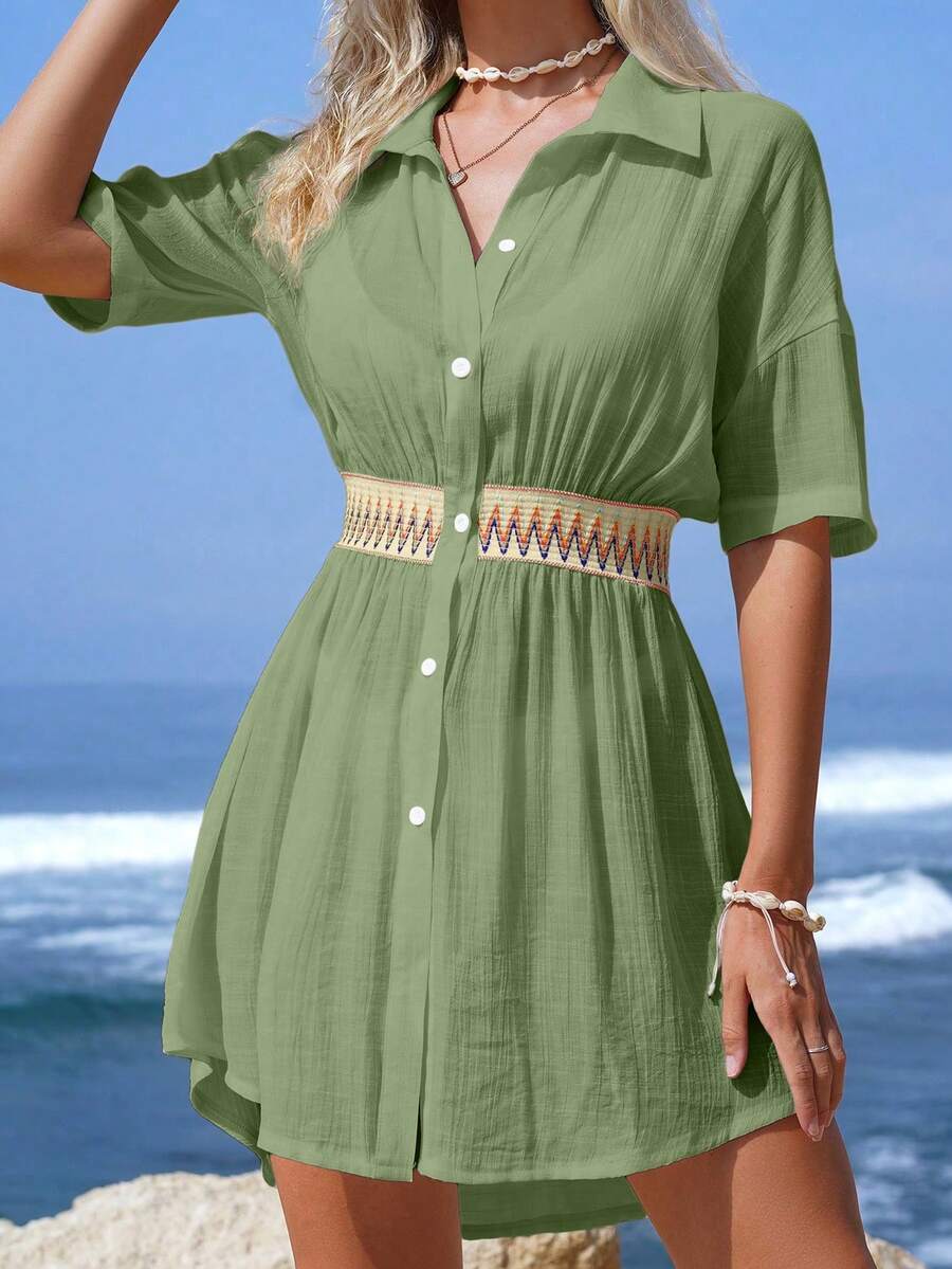 Vestido Saída de Praia Midi Maré de Verão com Botões e Cintura Franzida — fotografia 11 | Mar & Pérola