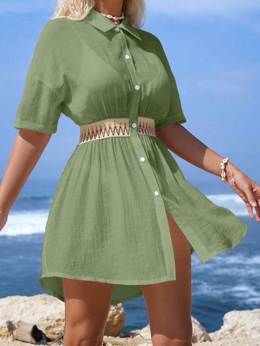 Vestido Saída de Praia Midi Maré de Verão com Botões e Cintura Franzida — fotografia 15 | Mar & Pérola