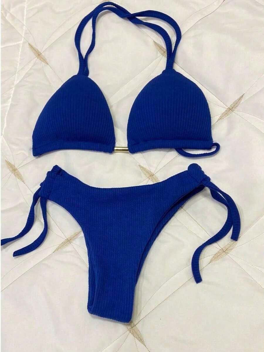 Biquíni Cortininha Bandeau Duplo Nó Cintura Alta