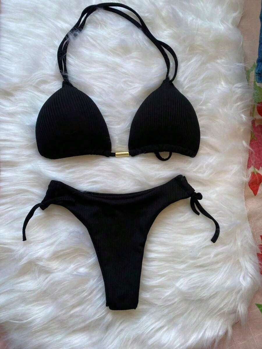 Biquíni Cortininha Bandeau Duplo Nó Cintura Alta